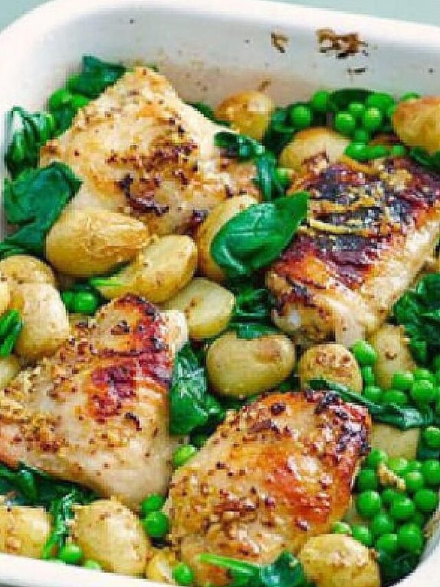 Honey & mustard chicken thighs with spring veg